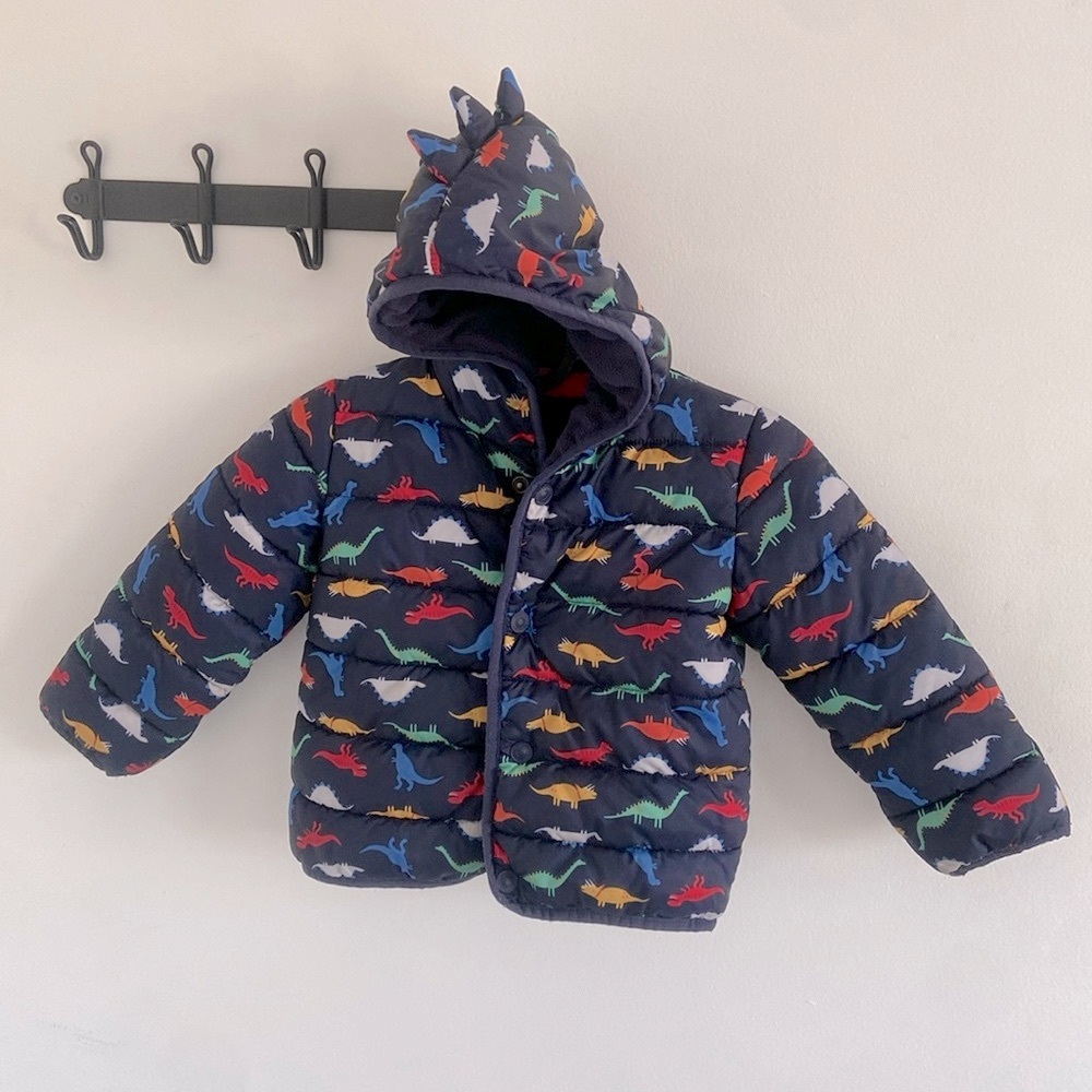 Toddler dinosaur puffer jacket with attached hood and fleece lining - 18-24m